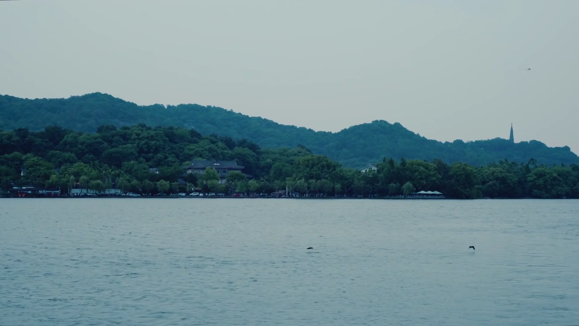 West Lake beneath green hills with Leifeng Pagoda in the distance