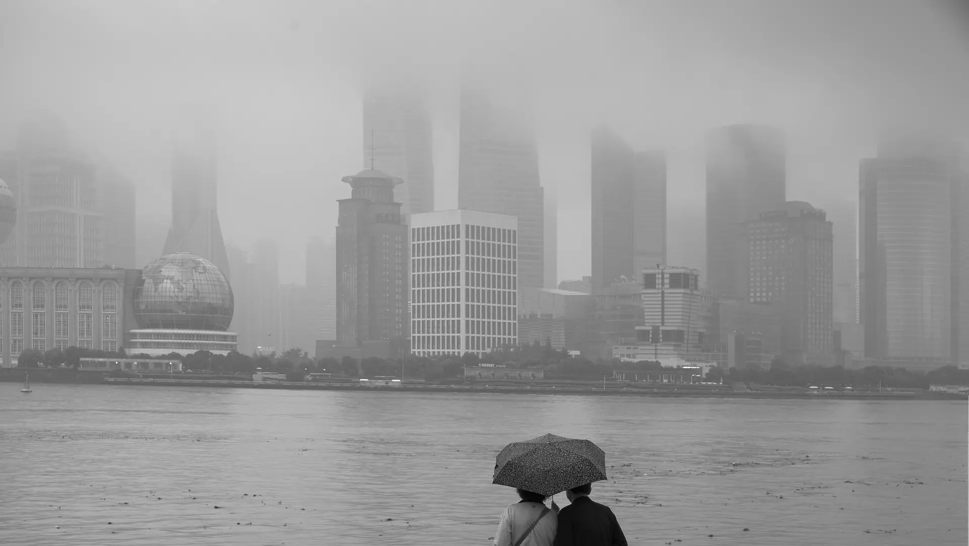 A monochrome view across Shanghai’s riverfront