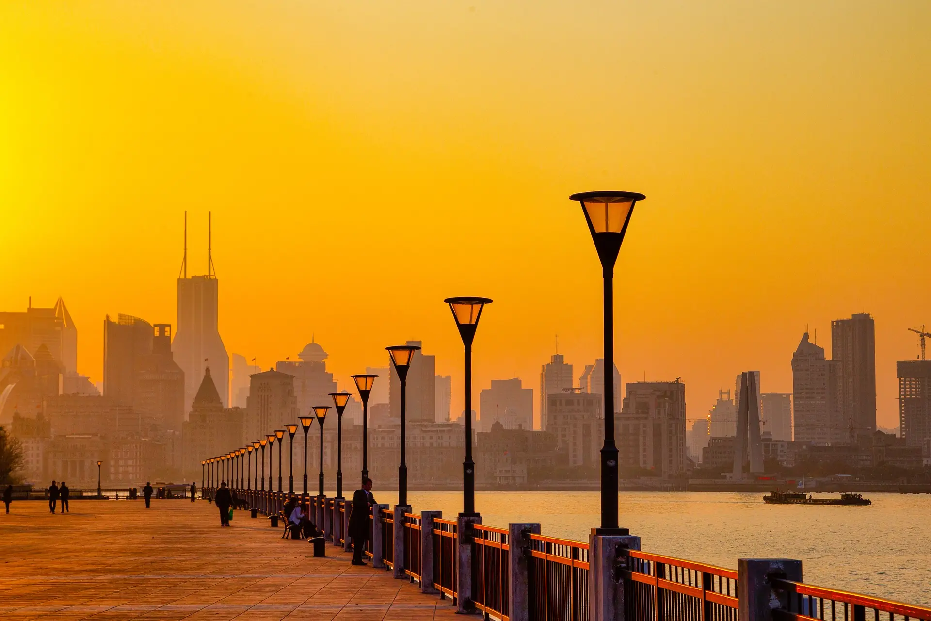 Shanghai’s skyline across the Huangpu at sunset