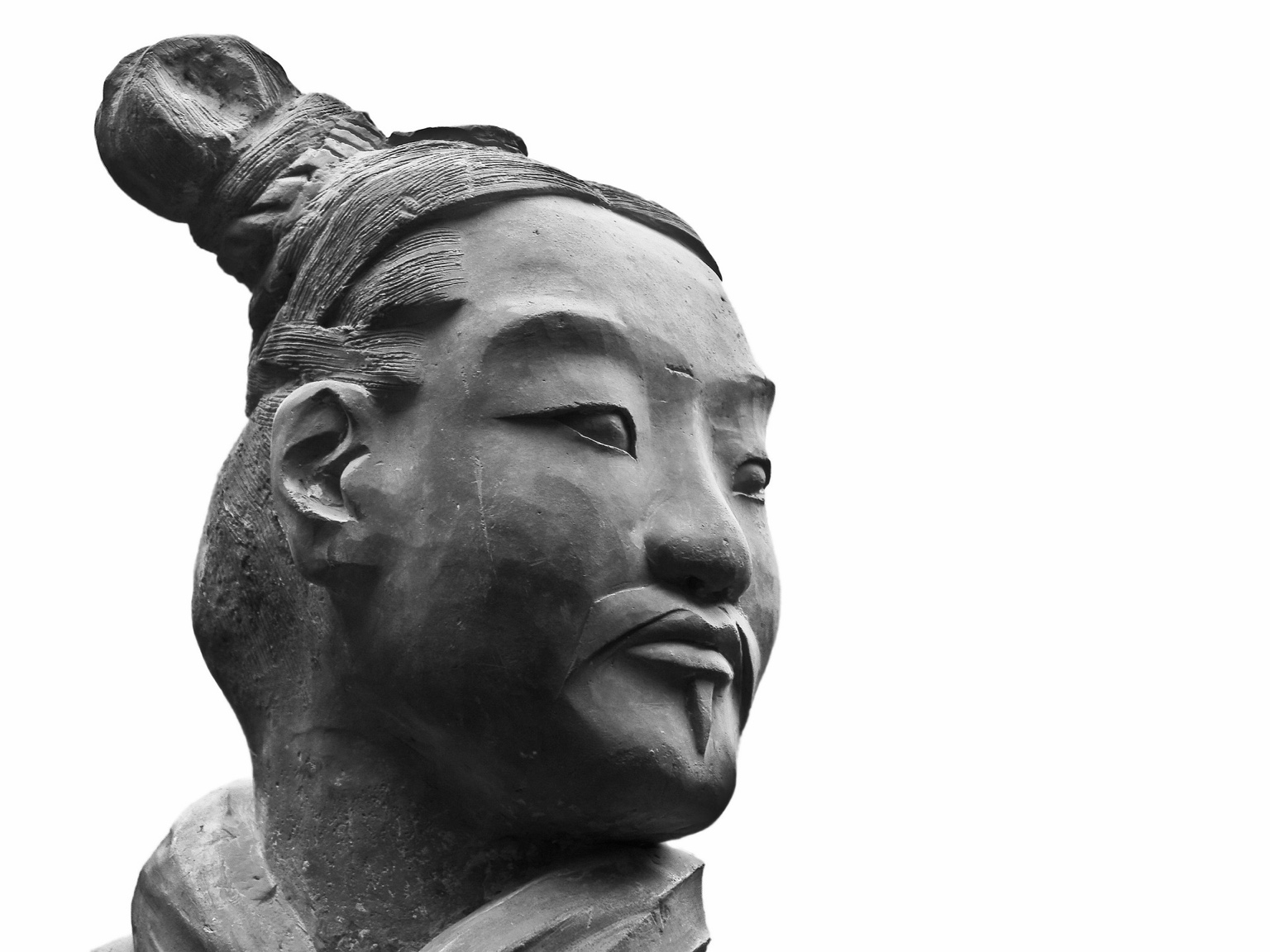 Portrait of a Terracotta Army warrior against a pale background