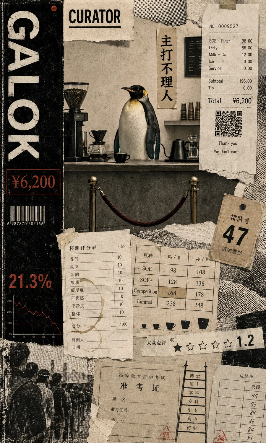 A dense printed collage of an austere penguin behind a specialty coffee counter, surrounded by receipts, café rules, rankings and exam records